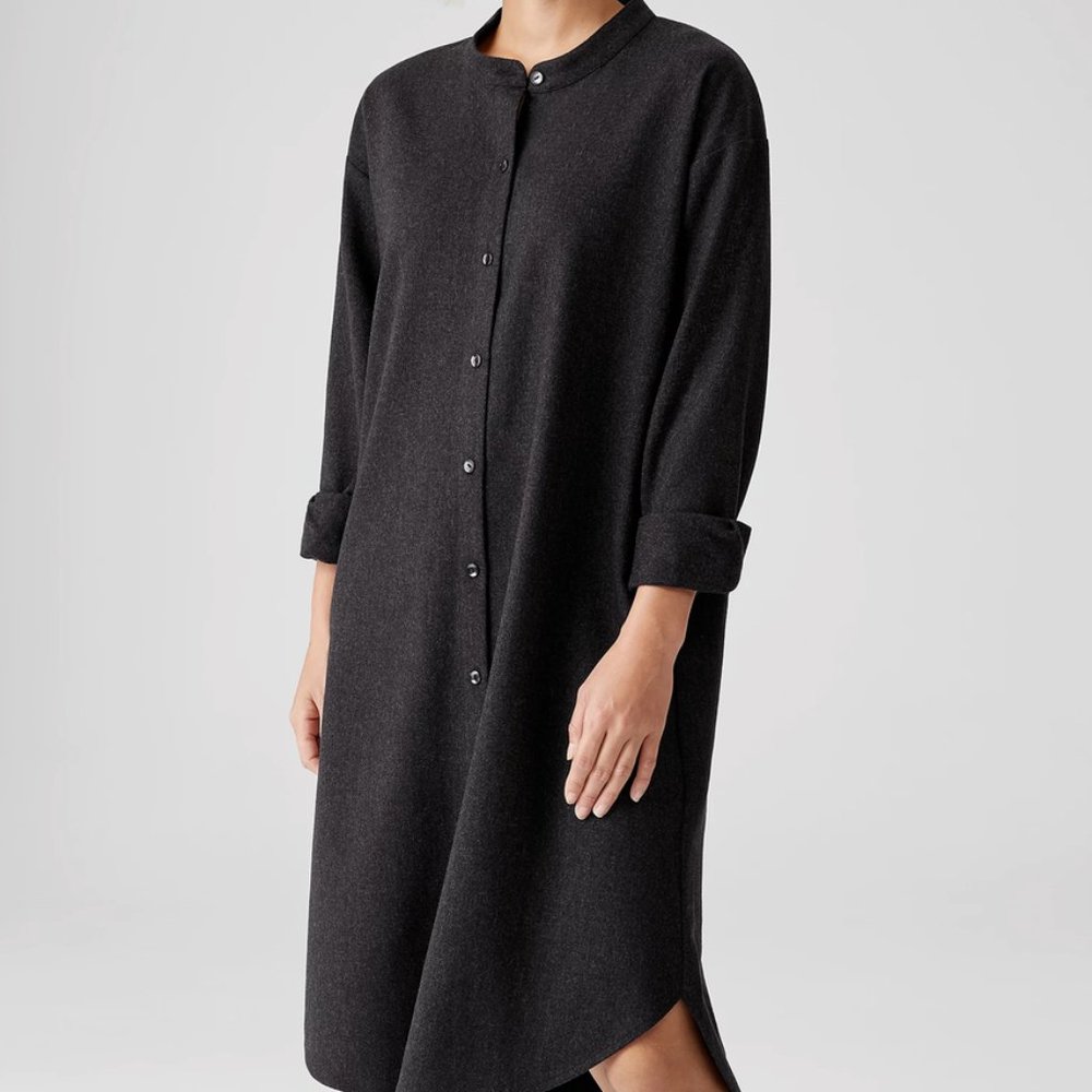 NWT Eileen Fisher Charcoal Wool Mandarin Collar Shirt Dress
